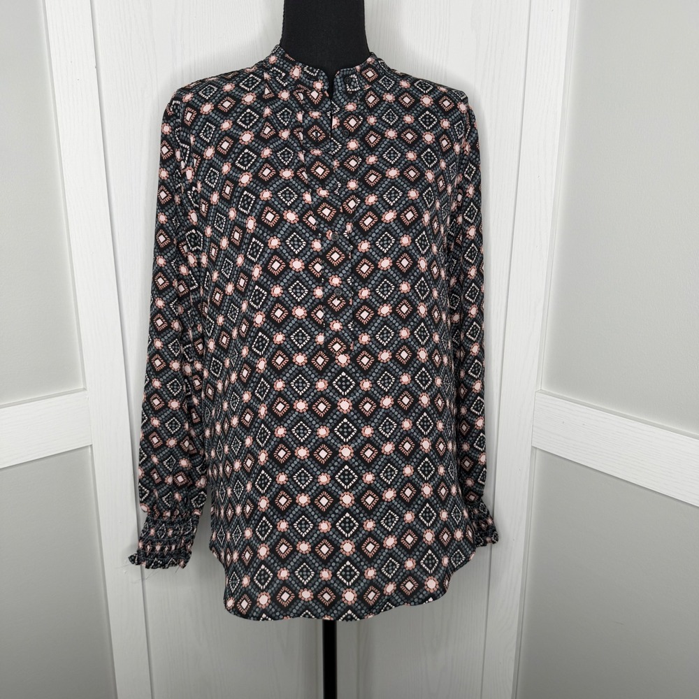 Loft Outlet Blouse Women Medium Black Geometric Smocked Cuff Button Front Top